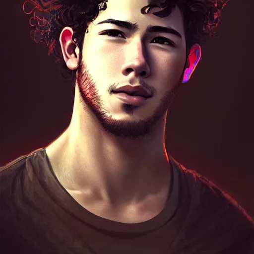 Image similar to Portrait of man with Nick Jonas's Tousled Curls type hair and Indonesian-type skin, atmospheric lighting, intricate detail, cgsociety, ambient light, dynamic lighting, anime style by Yusuke Kozaki