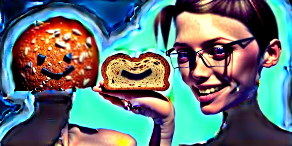 Image similar to epic professional digital art of a smiling bread toast wearing 👓 and a blue flower, best on artstation, cgsociety, wlop, cosmic, epic, stunning, gorgeous, much detail, much wow, masterpiece, backlight