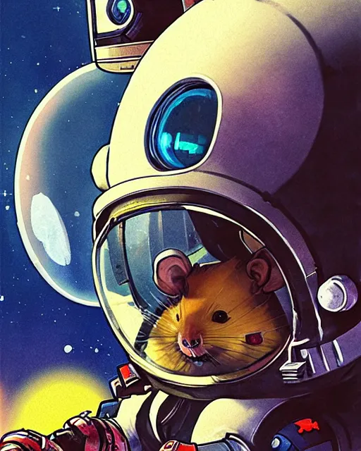 Image similar to wrecking ball the hamster from overwatch, dressed as an astronaut, character portrait, portrait, close up, concept art, intricate details, highly detailed, vintage sci - fi poster, retro future, in the style of chris foss, rodger dean, moebius, michael whelan, and gustave dore