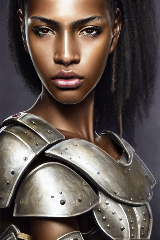 Image similar to a photorealistic painted portrait of an attractive young black girl, partially clothed in metal-plated battle armor, olive skin, long dark hair, flawless skin, beautiful bone structure, perfectly symmetric facial features, perfect photorealistic eyes, natural physique, intricate, elegant, digital painting, concept art, finely detailed, beautifully illustrated, sharp focus, minimal artifacts, from Metal Gear, by Ruan Jia and Mandy Jurgens and Artgerm and William-Adolphe Bouguerea, in the style of Greg Rutkowski, trending on Artstation, award winning art