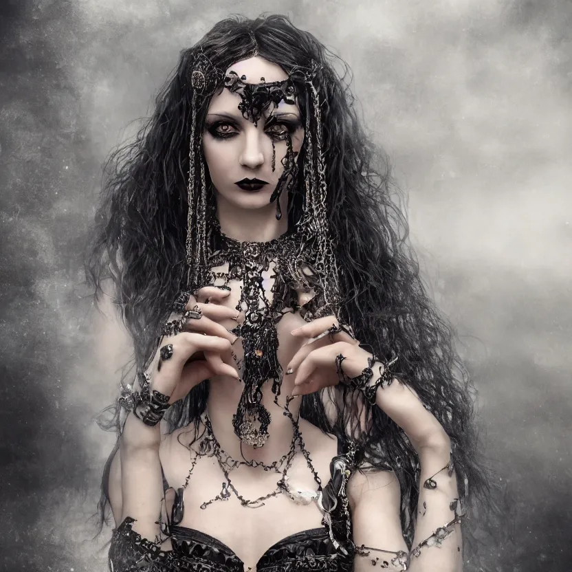 Image similar to A stunning Gothic goddess of jewels in an empty land, dark and mysterious, atmospheric, ominous, eerie, cinematic, Epic, 8k, 4k, ultra detail, ultra realistic, rendered by awesomeness