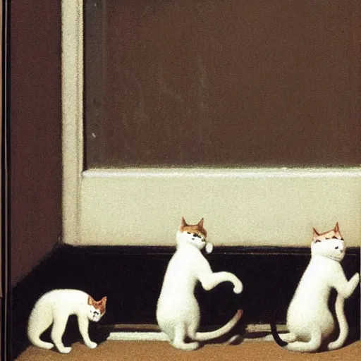 Prompt: some cats lined up outside wearing white masks by michael sowa.