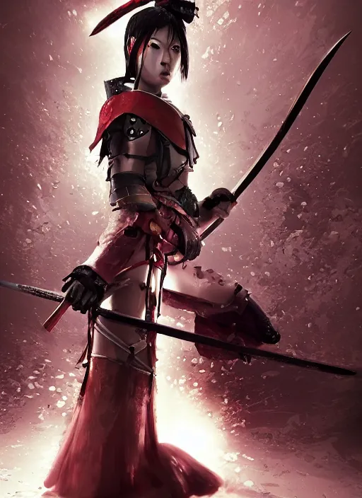 Prompt: samurai girl with katana in future dystopia, by bjorn barends fantasy, medieval, vivid colors, fantasy, elegant, concept art, sharp focus, beautiful face, digital art, Hyper-realistic, 4K, octane render, high contrast, depth of field, unreal Engine, Dramatic Lighting by Brom, trending on Artstation