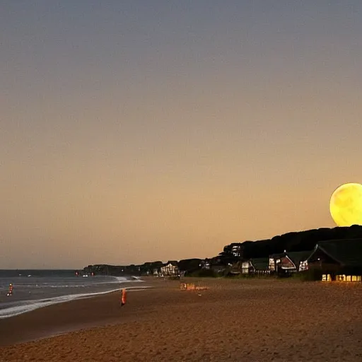 Prompt: there was a lovely orange super moon over the beach huts and the isle of wight, photo taken by an terrible photographer