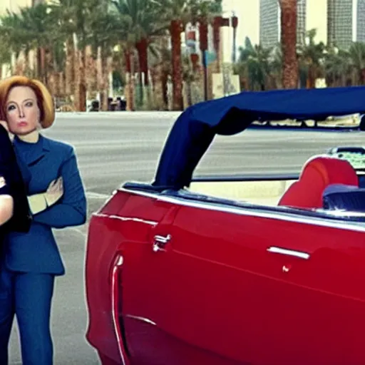 Prompt: mulder and scully driving in a red Cadillac convertible with the top down, on the vegas strip at night, with an alien in the back seat