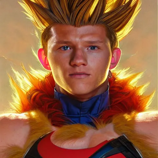 Prompt: Tom Holland as a super saiyan, exquisite detail, hyper realism, ornate, exquisite detail, masterpiece, voluptuous, cute face, 4k, art by Donato Giancola and Bayard Wu and WLOP and Artgerm