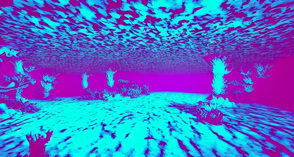 Prompt: 80s vaporwave outrun 3d Render of deep sea forest, liminal space retro, grainy, noisy