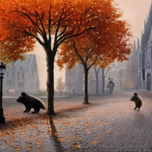 Image similar to 2 hedgehogs walking across the street next to eachother in Bruges, Belgium, in the style of Greg Rutkowski, autumn, evening, romantic