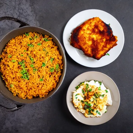 Prompt: jollof rice with fried haloumi cheese on the side