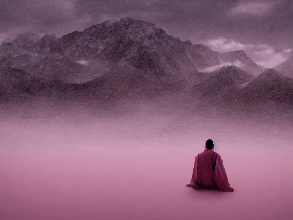 Image similar to lone japanese edo samurai sitting meditating in the middle of a soft glow pink desert with snow mountains and cloudy skies, long exposure, detailed, hyper realistic, photorealism, landscape, ultra wide angle view, peaceful, cinematic, volumetric lighting, god ray