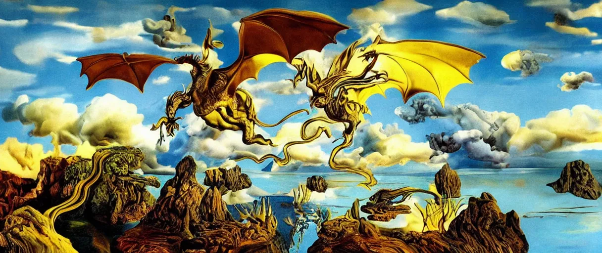 Image similar to a dream, flying bird, dragon, time, trees, flower, lake, fire, cloud, wind, cliff, surreal, by salvador dali