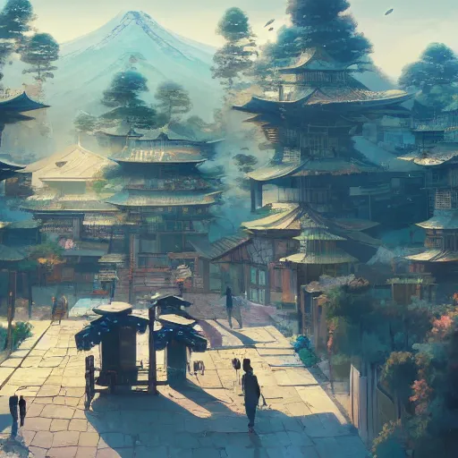 Prompt: A futuristic japanese solarpunk scientific village on a sunny day, art by Andreas Rocha and greg rutkowski, highly detailed, digital painting, matte painting, concept art, illustration, warm lighting, trending on artstation, very detailed