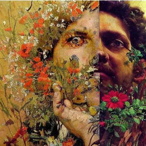 Image similar to a sculpture portrait made of papper and sand and flowers and plants, painting part by wojciech siudmak, part by ilya repin, part by max ernst, part by norman rockwell, artstation