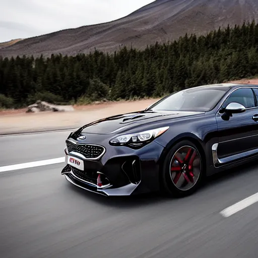 Image similar to kia stinger gt driving towards mount doom | eye of sauron watching over in the background | wide angle photograph | high resolution