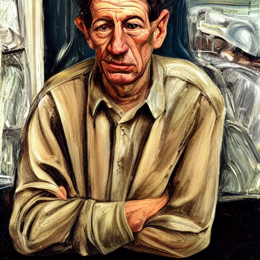 Image similar to high quality high detail painting by lucian freud, hd, portrait of coffeeshop owner