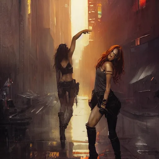 Image similar to bella thorne and megan fox, hyperrealistic full figure, bladerunner street, art of elysium by jeremy mann and frank frazetta, fantasy art, photo realistic, dynamic lighting, artstation, full figure poster, volumetric lighting, very detailed face, 4 k, award winning