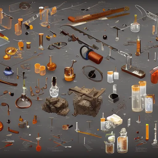 Prompt: A strong contrast set of scientific and laboratory items , game asset of six different magical lab equipaments items and tube items by Stanley Artgerm Lau, game pack, assets, WLOP, Rossdraws, James Jean, Andrei Riabovitchev, Marc Simonetti, and Sakimichan, trending on artstation , assets, HD , strong contrast
