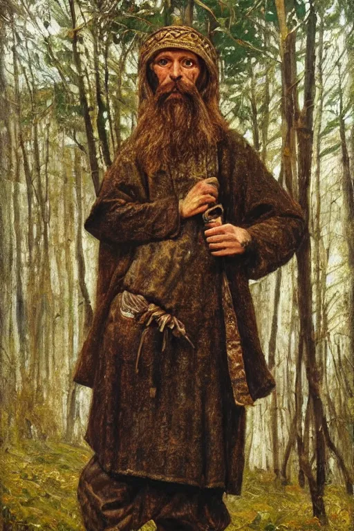 Image similar to Slavic dog head man, woolen torso in medieval clothes, walking in the forest, Orthodox Saint Christopher, oil painting, painting by Viktor Vasnetsov, concept art, hyperrealism, beautiful, high resolution, trending on artstation,