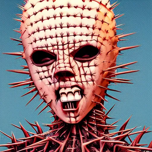 Image similar to portrait of a pinhead hellraiser as Disney cactus character by Artgerm, H R Giger, not scarry, Pixar, digital painting, concept art, kawaai, summertime, smiling, warm tones, depth of field, dramatic light