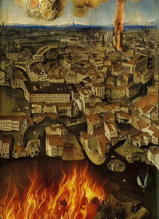 Image similar to Florence on fire, wildfire, Medieval painting by Jan van Eyck, Hieronymus Bosch