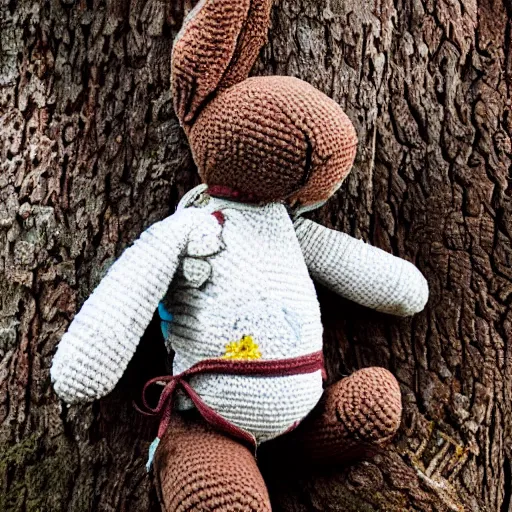 Prompt: a chocolate plush rabbit hand stitched with love and showing signs of years of wear and tear now sat alone and wearing an old crochet karate uniform beneath an old oak tree above a small valley, photography, photorealistic, national geographic