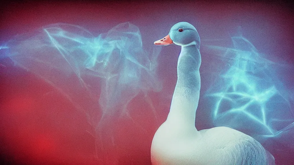 Image similar to portrait of an ethereal graylag goose made of blue and red light, divine, cyberspace, mysterious, dark high-contrast concept art