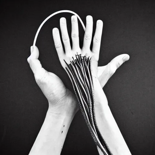Prompt: hands of skin and wires holding bones