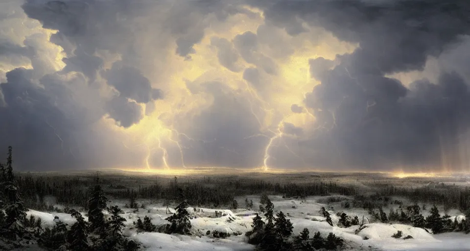 Image similar to heaven!! clouds!! god rays, snowy, windy, by eugene von guerard, ivan shishkin, night, lightning!!, storm!, dramatic lighting, concept art, trending on artstation, 8 k