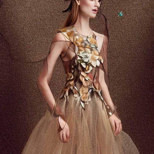 Image similar to exclusive evening dress made of bronze transparent fabric fantasy with colored flower petals made of fabric. intricate asymmetrical patterns. an elegant hat. hyperrealistic photos, clear details.