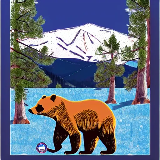 Image similar to souvenir, big bear lake California themed, t-shirt design, t-shirt photography, bears, mountains, lakes, trees