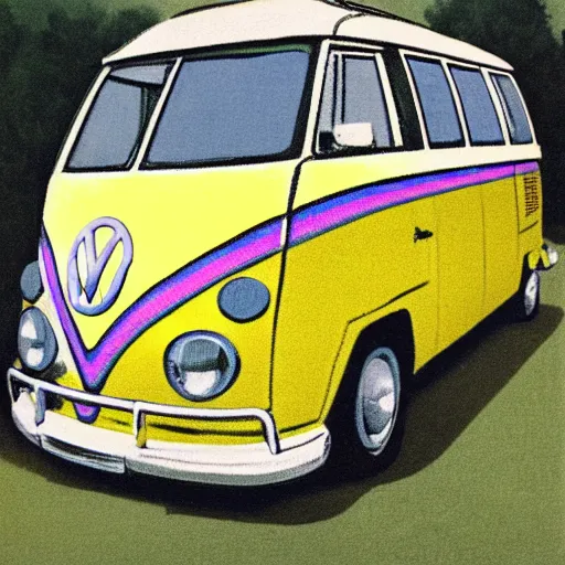 Prompt: illustration of an old van volkswagen, may 6 8, pastel colors, cool, hippie