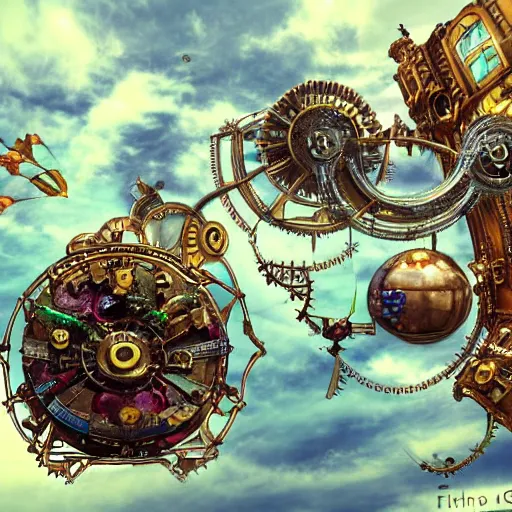 Image similar to flying city in a mechanical flower, sky, fantasy art, steampunk, masterpiece, behrens style