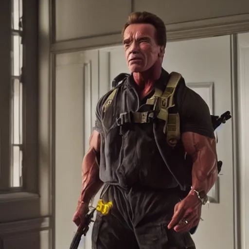 Image similar to stunning awe inspiring arnold schwarzenegger as a ghostbuster, movie still 8 k hdr atmospheric lighting
