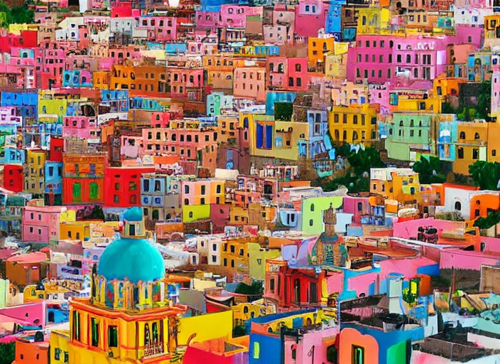 Image similar to guanajuato city, a beautiful painting representative of the art style of wes anderson and spike jonze