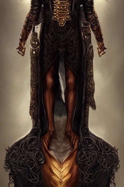 Prompt: beautiful full body portrait of a human - giraffe hybrid male wizard, scaley!! black onyx skin, wearing a robe, by wlop and artgerm, steampunk fiction, detailed deep black eyes, space background, trending, on artstation.