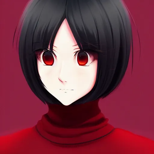 Image similar to anime girl in dark red turtleneck, black coat, elegant, 2d, ultra highly detailed, digital painting, smooth, sharp focus, artstation, portrait art by Ilya Kuvshinov