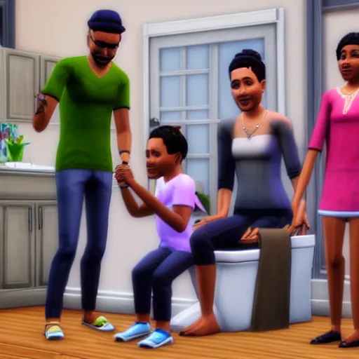 Image similar to Photo of a sims 4 family sitting on the toilet while holding hands, video game, 4k, high quality, wide angle,