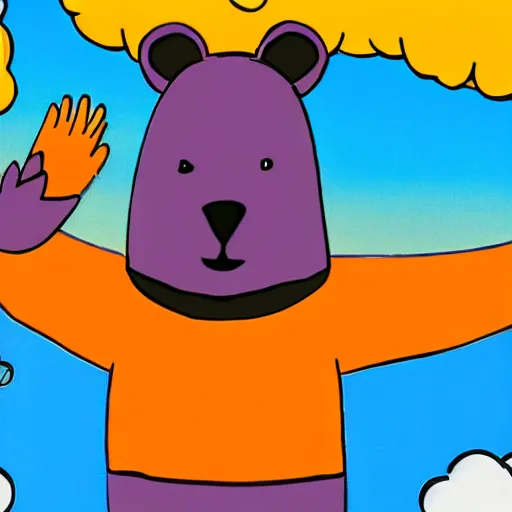 Image similar to cartoon animated bear wearing clothes being launched out of a futuristic machine into a purple and orange cloud land