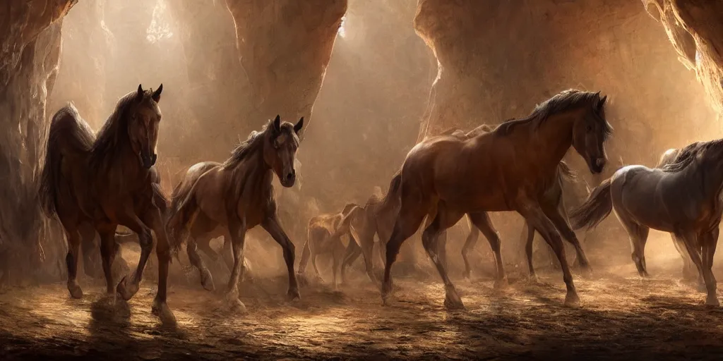 Image similar to of brown horses in a low light lit cave hurdled in a group, highly detailed, intricate, digital painting, trending on artstation, concept art, matte painting, art by greg rutkwowski, craig mullins, octane render, 8 k, unreal engine