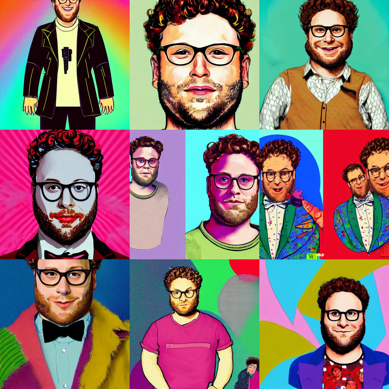 Prompt: a detailed portrait of a fashionable seth rogen wearing an cyberpop outfit the style of william blake and norman rockwell, kubrick, rembrandt, crisp, vibrant color scheme, crisp, artstationhd