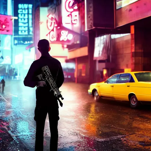 Image similar to a student holding a heavy machine gun. The student is standing in the rain. Neon signs in the background alongside tall downtown cyberpunk buildings. A dog is being walked on a leash in an alley. Trending on artstation. Octane render, unreal engine, 4k.