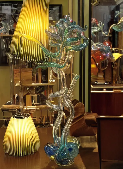 Prompt: a vintage banker lamp designed by dale chihuly