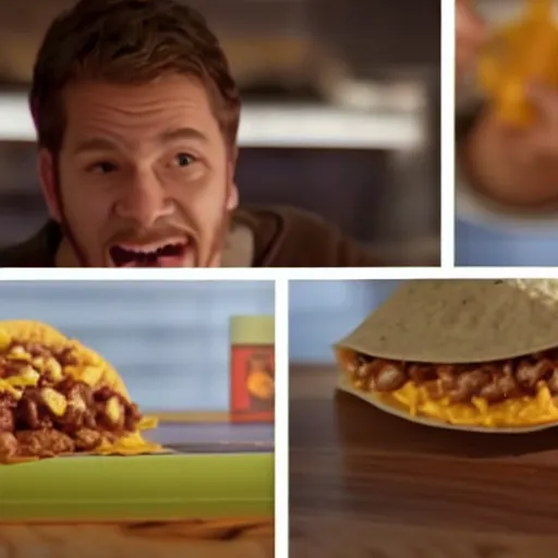 Image similar to Taco Bell commercial for the new double cheesy feces taco, loaded with double portions of cow shit, soft diffused light