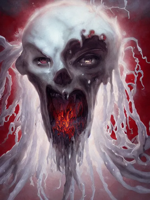 Image similar to painting by greg rutkowski of a flying sorrowful looking human head with tears running down it's eyes, face that is chalk white in color, with long sprawling white tentacles stemming down it's neck, fiery scorching red eyes, flying in a terrying hellish dark cavernous place, minecraft ghast