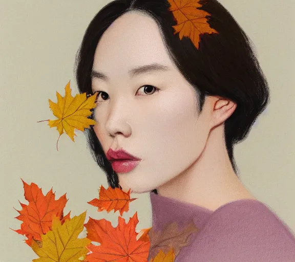 Image similar to detailed pastel colors portrait of a woman with a dress made of autumn leaves, by hsiao - ron cheng, fine detail, 8 k