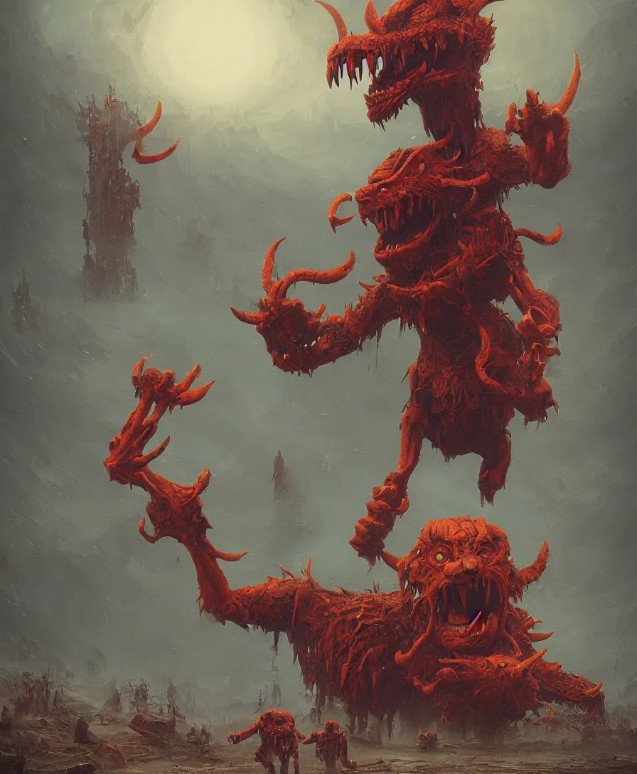 Image similar to giant hangry devil with arms open in judgement day, illustrated by Simon Stålenhag and Gaston Bussiere, intricate, ultra detailed, photorealistic, trending on artstation