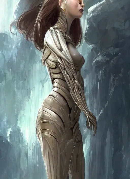 Image similar to a professional painting of a beautiful young female alien, clothed in ethereal armor, olive skin, long dark hair, beautiful bone structure, symmetrical facial features, intricate, elegant, digital painting, concept art, smooth, sharp focus, illustration, from Valerian and the City of a Thousand Planets, by Ruan Jia and Mandy Jurgens and Artgerm and William-Adolphe Bouguerea