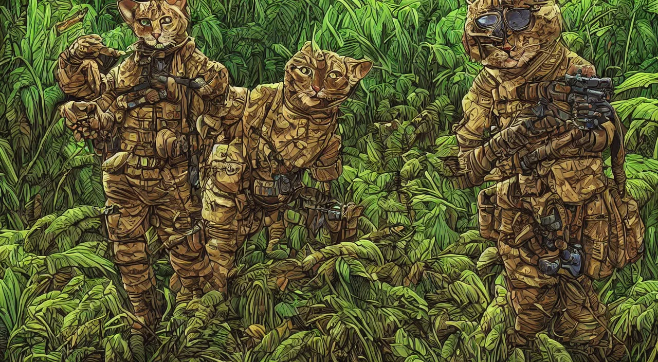 Prompt: a humanoid cat soldier from world war 2 in the jungle, artwork by dan mumford