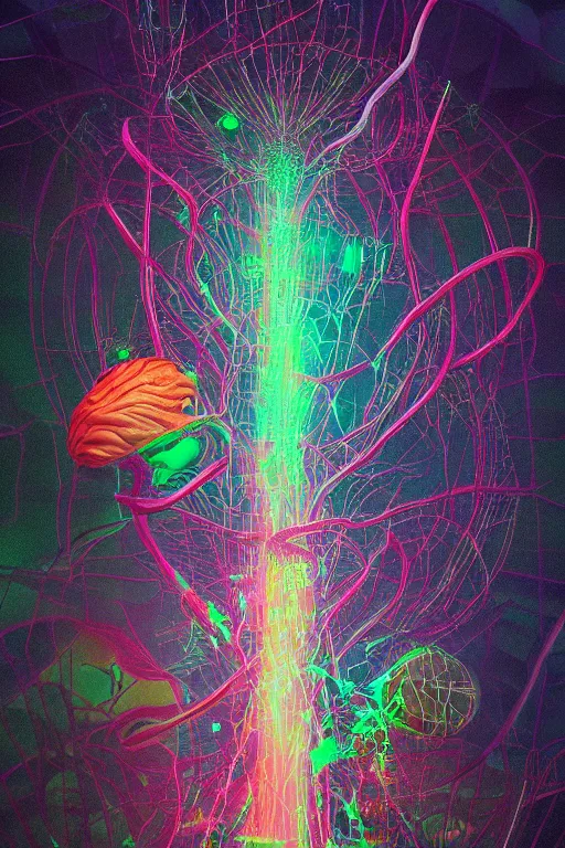 Image similar to an incredible digital art painting of a synapse, beeple and jean giraud, abstract conceptual, metaphysical, cinema 4 d, octane render, vaporwave pallette