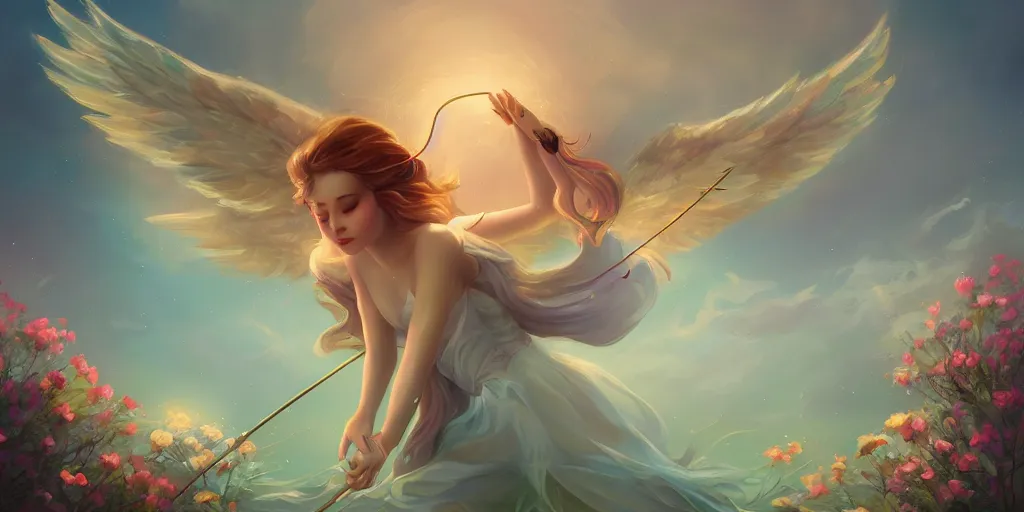 Prompt: An angel with beautiful face shooting luminous arrows with a bow on a country landscape covered with flowers, inspired by Daniela Uhlig and Cyril Rolando, trending on artstation, heavenly colors, volumetric lighting